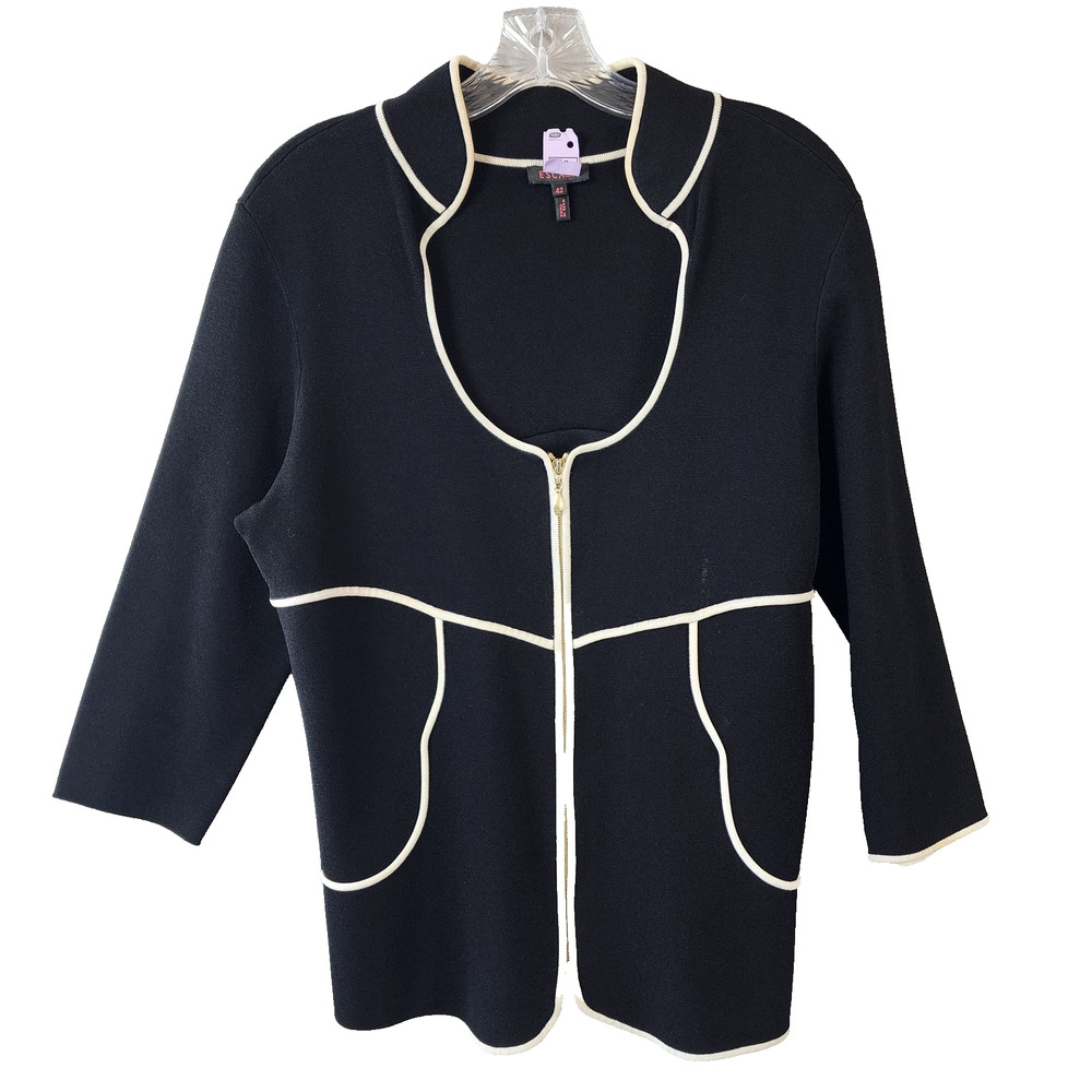 Escada Black Zip Jacket Women Size 42/US 12 - White Piping and Gold Hardware